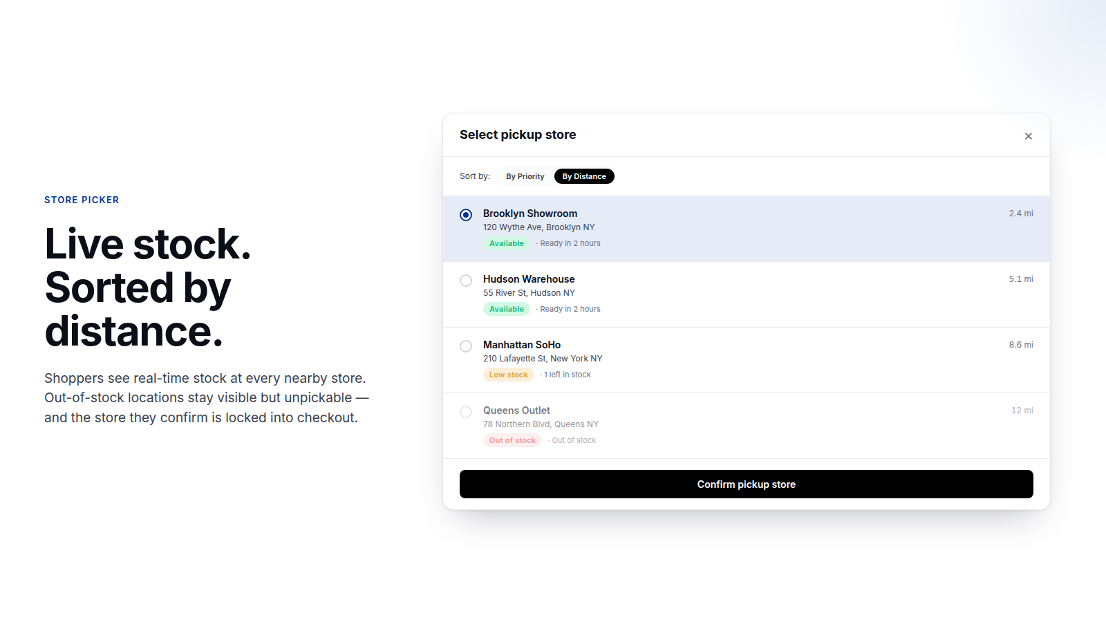 Store picker modal with real-time per-store stock